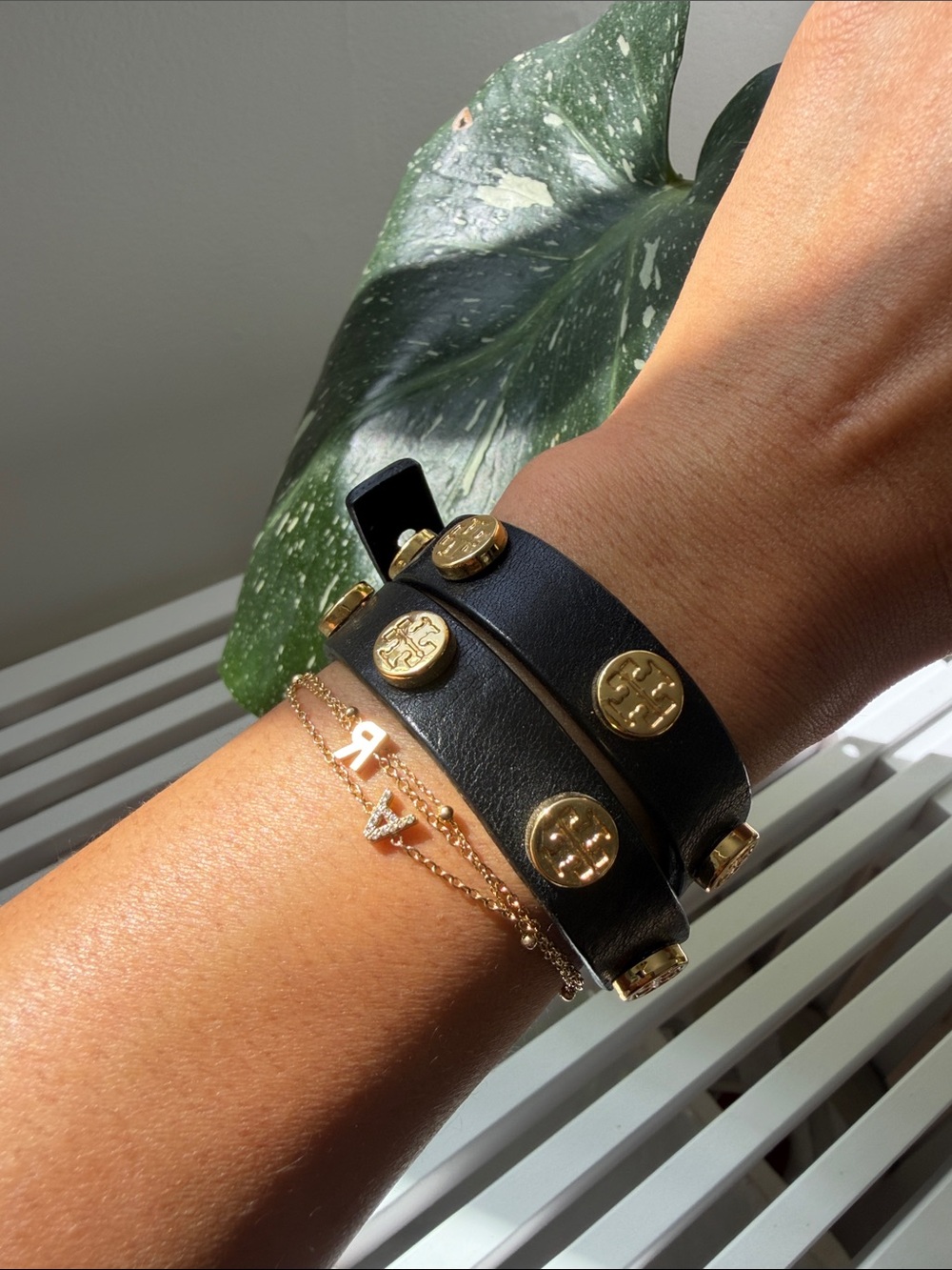 Tory Burch Black Leather Double Wrap Bracelet with Gold Logo Studs